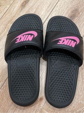 Nike Black Slides with Pink Swoosh Logo